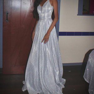 B-Darlin Silver Sparkly Ball Gown Open Back